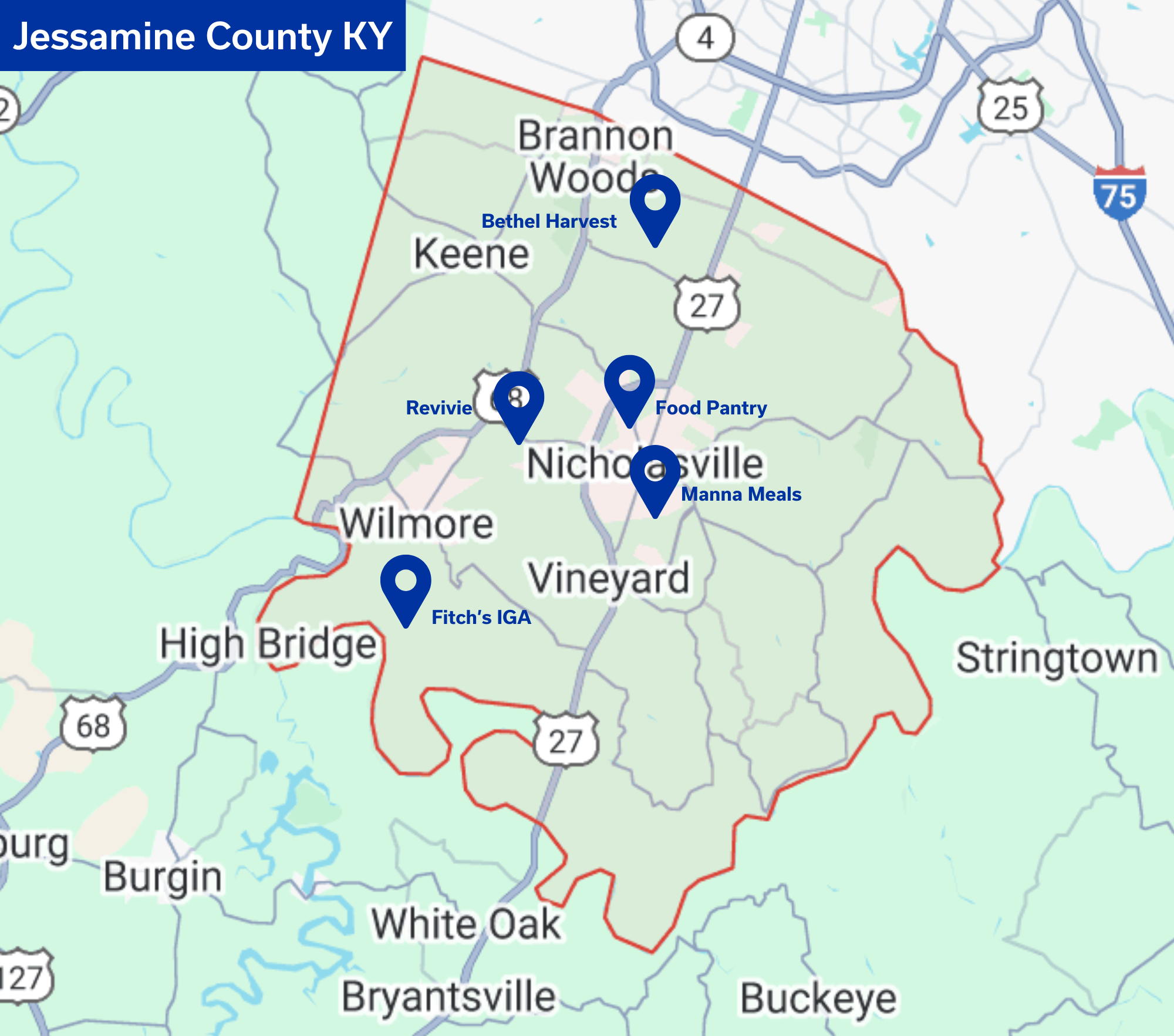 Map of Jessamine County with partner locations noted